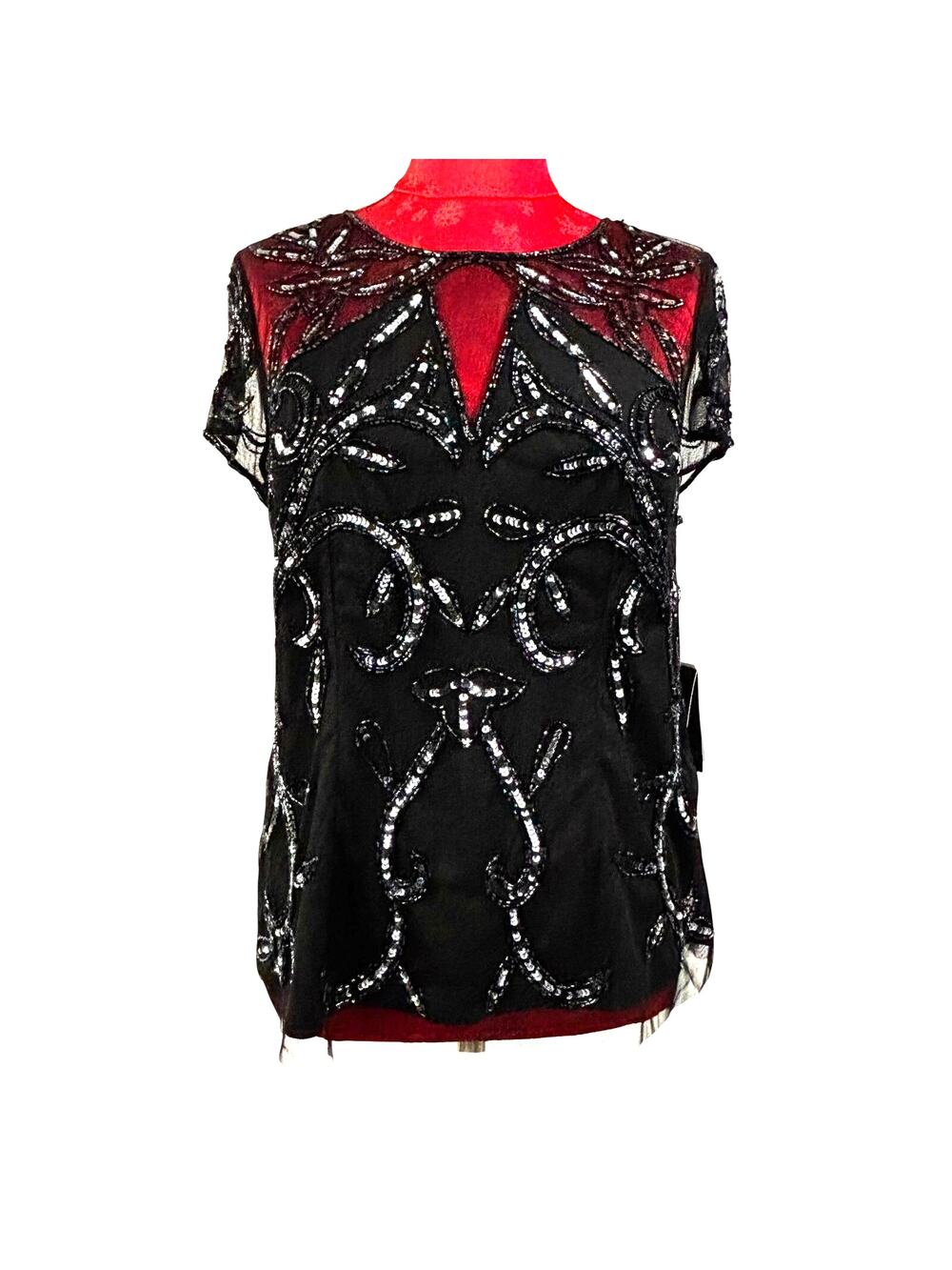 Adrianna Papell NWT black beaded illusion top cap sleeve blouse sequins Size 8